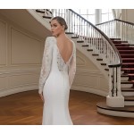 Crepe Beaded Floral Long Sleeves Fitted and Flare Wedding Dress with Sheer Lacy Train - LV-F6007