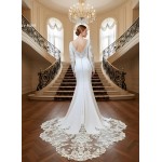 Crepe Beaded Floral Long Sleeves Fitted and Flare Wedding Dress with Sheer Lacy Train - LV-F6007