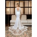 Crepe Beaded Floral Long Sleeves Fitted and Flare Wedding Dress with Sheer Lacy Train - LV-F6007