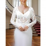 Crepe Beaded Floral Long Sleeves Fitted and Flare Wedding Dress with Sheer Lacy Train - LV-F6007