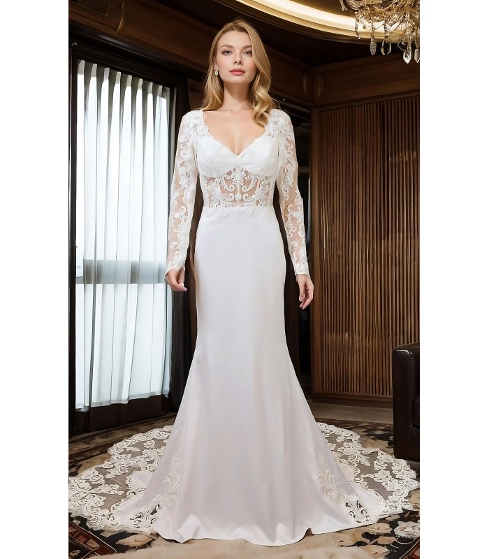 Crepe Beaded Floral Long Sleeves Fitted and Flare Wedding Dress with Sheer Lacy Train - LV-F6007