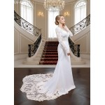 Crepe Beaded Floral Long Sleeves Fitted and Flare Wedding Dress with Sheer Lacy Train - LV-F6007