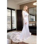 Crepe Beaded Floral Long Sleeves Fitted and Flare Wedding Dress with Sheer Lacy Train - LV-F6007