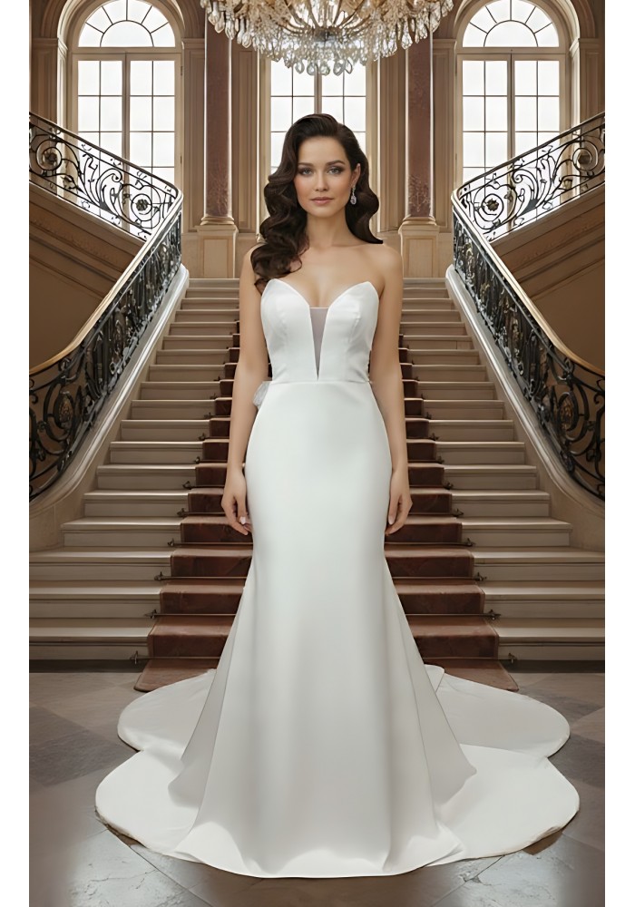Fitted and Flair - Satin Wedding Dress with Detachable Bow and Overlay - LV-M1002