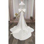 Fitted and Flair - Satin Wedding Dress with Detachable Bow and Overlay - LV-M1002