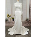 Fitted and Flair - Satin Wedding Dress with Detachable Bow and Overlay - LV-M1002