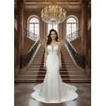 Fitted and Flair - Satin Wedding Dress with Detachable Bow and Overlay - LV-M1002