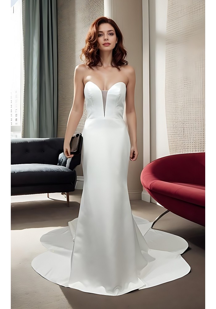 Fitted and Flair - Satin Wedding Dress with Detachable Bow and Overlay - LV-M1002