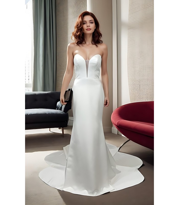 Fitted and Flair - Satin Wedding Dress with Detachable Bow and Overlay - LV-M1002