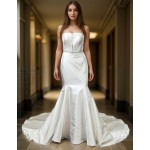 Glossy Satin Sleeveless Plunge V Mermaid Wedding Dress with Detachable Balloon Sleeves - LV-M1003