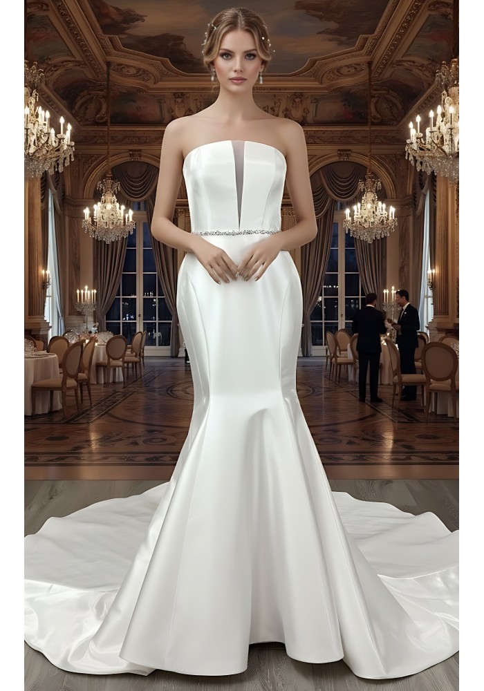 Glossy Satin Sleeveless Plunge V Mermaid Wedding Dress with Detachable Balloon Sleeves - LV-M1003