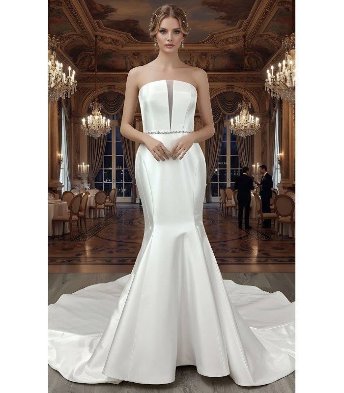 Glossy Satin Sleeveless Plunge V Mermaid Wedding Dress with Detachable Balloon Sleeves - LV-M1003