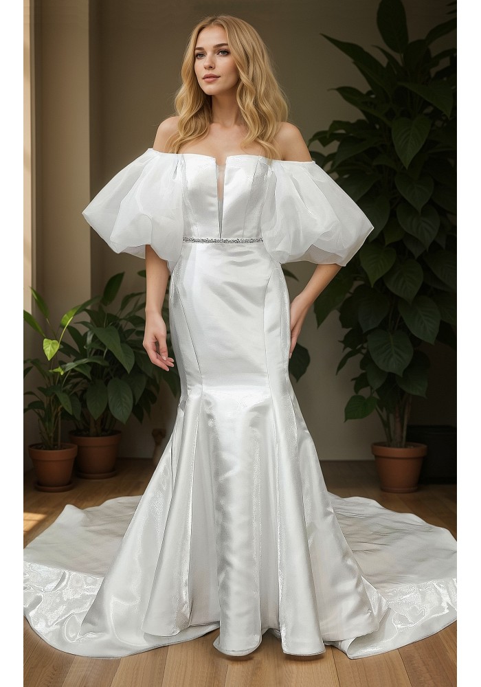 Glossy Satin Sleeveless Plunge V Mermaid Wedding Dress with Detachable Balloon Sleeves - LV-M1003