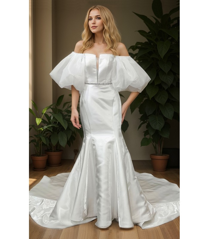 Glossy Satin Sleeveless Plunge V Mermaid Wedding Dress with Detachable Balloon Sleeves - LV-M1003