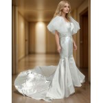 Glossy Satin Sleeveless Plunge V Mermaid Wedding Dress with Detachable Balloon Sleeves - LV-M1003