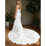 Glossy Satin Sleeveless Plunge V Mermaid Wedding Dress with Detachable Balloon Sleeves - LV-M1003