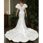 Glossy Satin Sleeveless Plunge V Mermaid Wedding Dress with Detachable Balloon Sleeves - LV-M1003