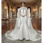 Glossy Satin Sleeveless Plunge V Mermaid Wedding Dress with Detachable Balloon Sleeves - LV-M1003