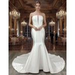 Glossy Satin Sleeveless Plunge V Mermaid Wedding Dress with Detachable Balloon Sleeves - LV-M1003