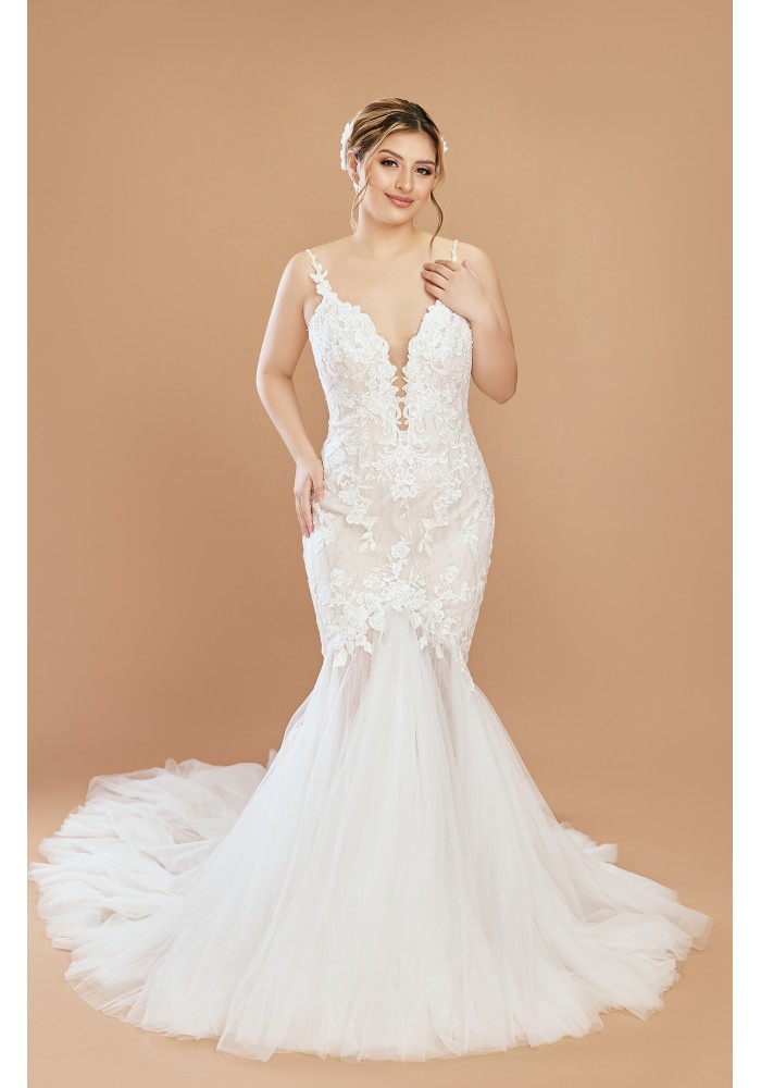 Mermaid Plunge V-Neck Sequined Floral Lace Appliqued Tulle Wedding Dress - LV-M2001