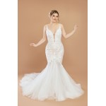 Mermaid Plunge V-Neck Sequined Floral Lace Appliqued Tulle Wedding Dress - LV-M2001