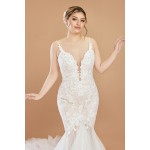 Mermaid Plunge V-Neck Sequined Floral Lace Appliqued Tulle Wedding Dress - LV-M2001