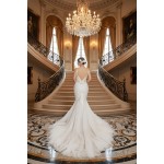 Mermaid Plunge V-Neck Sequined Floral Lace Appliqued Tulle Wedding Dress - LV-M2001
