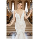 Mermaid Plunge V-Neck Sequined Floral Lace Appliqued Tulle Wedding Dress - LV-M2001