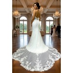 Luxury Beaded Floral Lace Mermaid Gown with Spaghetti Straps, Plunging V-Neck, and Dramatic Low Back - LV-M2004