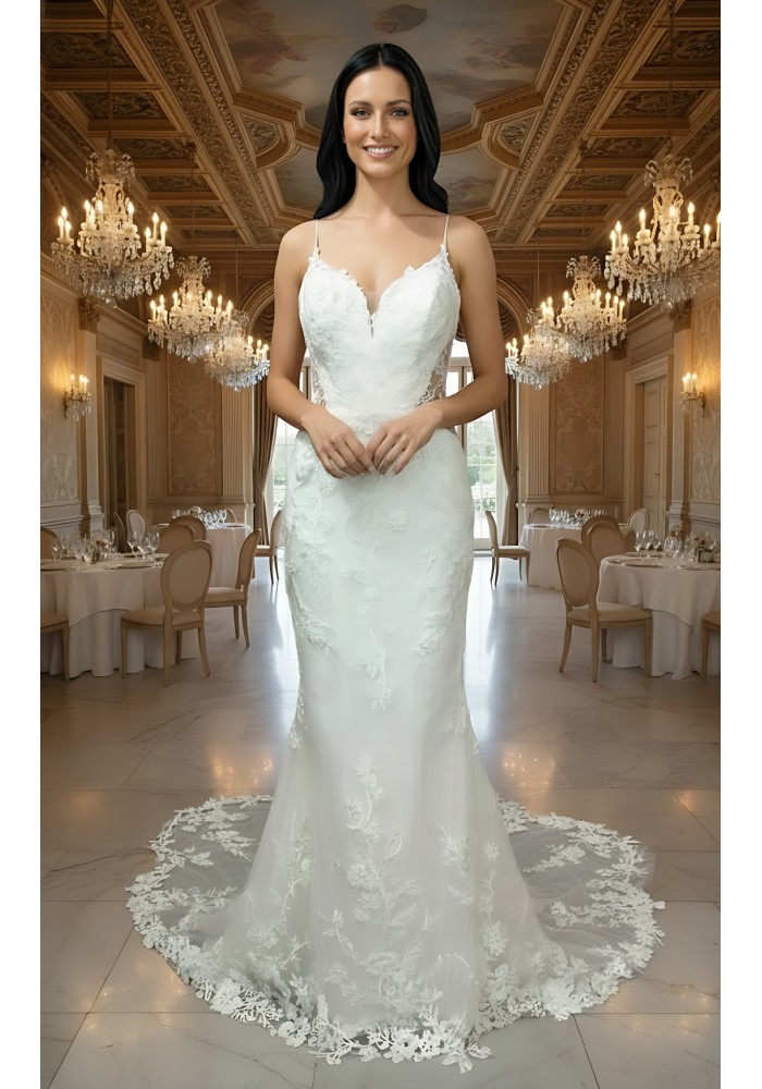 Luxury Beaded Floral Lace Mermaid Gown with Spaghetti Straps, Plunging V-Neck, and Dramatic Low Back - LV-M2004