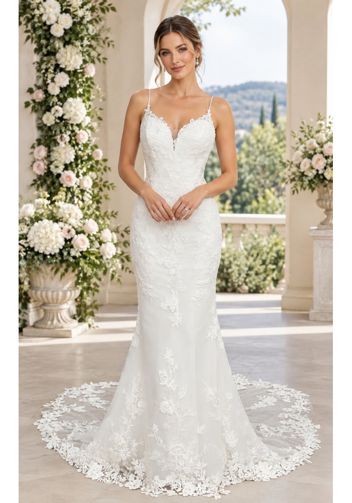 Luxury Beaded Floral Lace Mermaid Gown with Spaghetti Straps, Plunging V-Neck, and Dramatic Low Back - LV-M2004