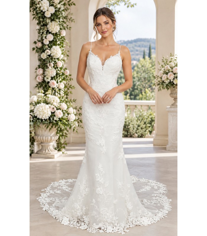 Luxury Beaded Floral Lace Mermaid Gown with Spaghetti Straps, Plunging V-Neck, and Dramatic Low Back - LV-M2004