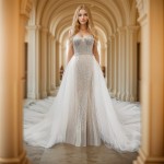 Mermaid - Heavy Beaded and Sequined Wedding Dress with Detachable Tulle Overskirt - LV-M3002OS