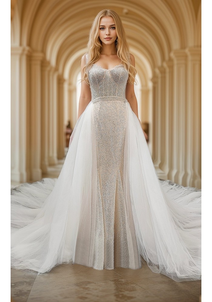 Mermaid - Heavy Beaded and Sequined Wedding Dress with Detachable Tulle Overskirt - LV-M3002OS