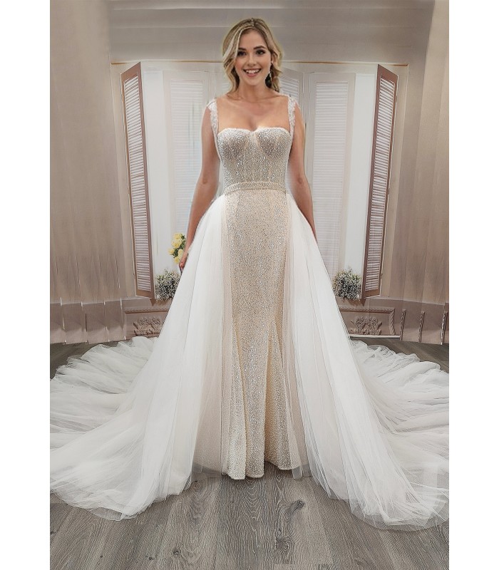 Mermaid - Heavy Beaded and Sequined Wedding Dress with Detachable Tulle Overskirt - LV-M3002OS