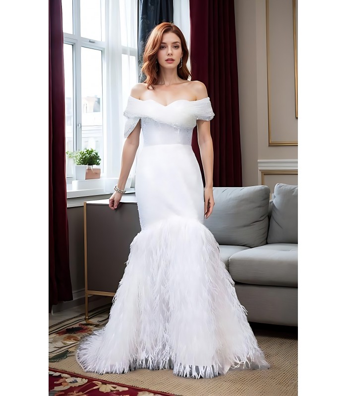 Wedding Dress - Beaded and Sequined Tulle Mermaid with Feather Skirt-  LV-M5002F