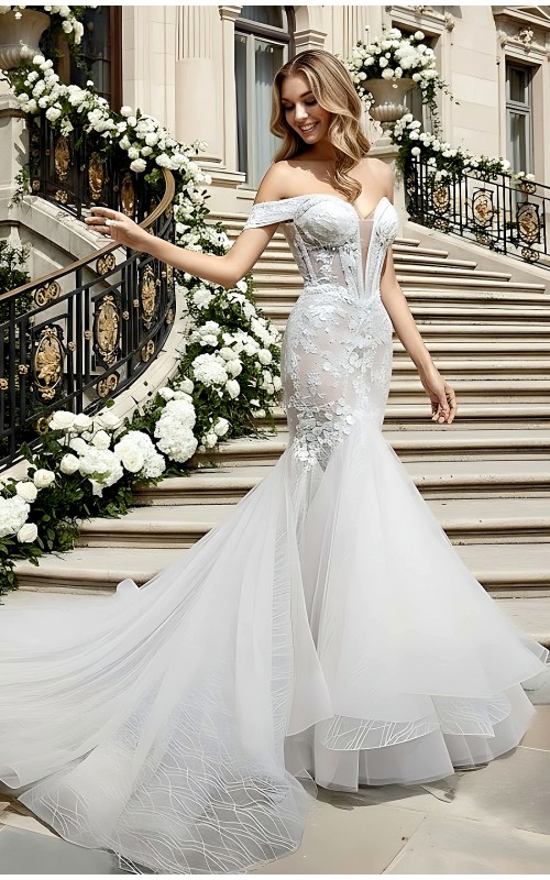 Wedding Dress - Beaded and Sequined Floral Lace Appliqued Tulle Off-Shoulder  Mermaid with 3 Layered Skirt and Train - LV-M5003