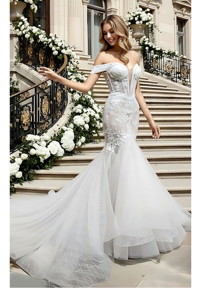 Wedding Dress - Beaded and Sequined Floral Lace Appliqued Tulle Off-Shoulder  Mermaid with 3 Layered Skirt and Train - LV-M5003