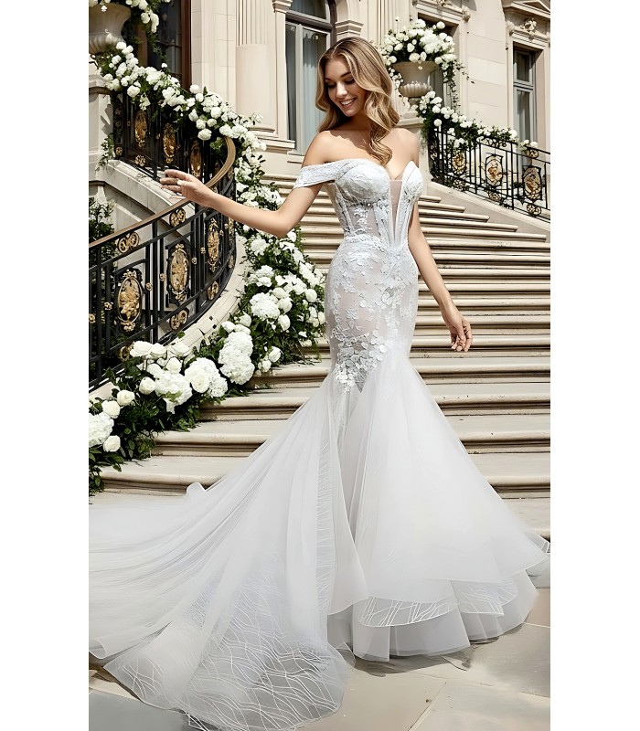 Wedding Dress - Beaded and Sequined Floral Lace Appliqued Tulle Off-Shoulder  Mermaid with 3 Layered Skirt and Train - LV-M5003