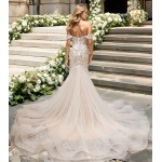 Wedding Dress - Beaded and Sequined Floral Lace Appliqued Tulle Off-Shoulder  Mermaid with 3 Layered Skirt and Train-  LV-M5003