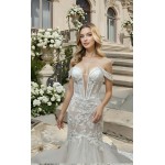 Wedding Dress - Beaded and Sequined Floral Lace Appliqued Tulle Off-Shoulder  Mermaid with 3 Layered Skirt and Train - LV-M5003