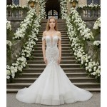Wedding Dress - Beaded and Sequined Floral Lace Appliqued Tulle Off-Shoulder  Mermaid with 3 Layered Skirt and Train - LV-M5003