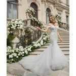 Wedding Dress - Beaded and Sequined Floral Lace Appliqued Tulle Off-Shoulder  Mermaid with 3 Layered Skirt and Train - LV-M5003