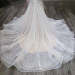 Wedding Dress - Beaded and Sequined Floral Lace Appliqued Tulle Off-Shoulder  Mermaid with 3 Layered Skirt and Train-  LV-M5003