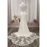 Fitted and Flare - Crepe Bishop Sheer Lacy Long-Sleeve Wedding Dress - LV-M6001NB