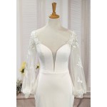 Fitted and Flare - Crepe Bishop Sheer Lacy Long-Sleeve Wedding Dress - LV-M6001NB