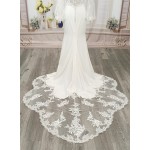 Fitted and Flare - Crepe Bishop Sheer Lacy Long-Sleeve Wedding Dress - LV-M6001NB