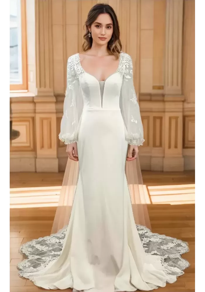 Fitted and Flare - Crepe Bishop Sheer Lacy Long-Sleeve Wedding Dress - LV-M6001NB