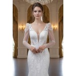 Fitted and Flair - Tulle Lace with Sheer Leg-of-Mutton Long-Sleeve Wedding Dress - LV-M6002-1A