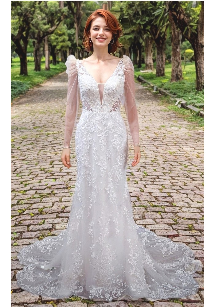 Fitted and Flair - Tulle Lace with Sheer Leg-of-Mutton Long-Sleeve Wedding Dress - LV-M6002-1A